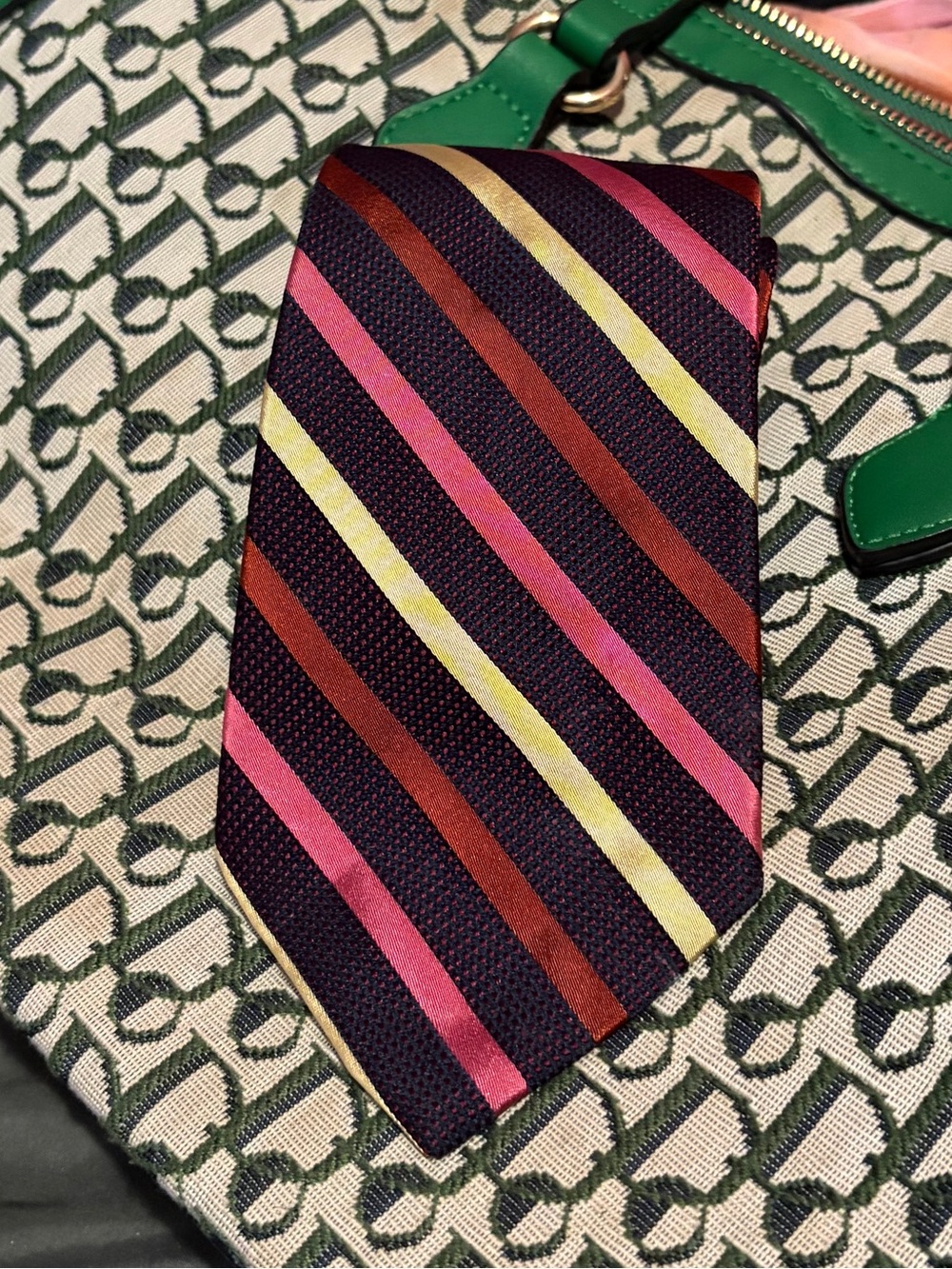 Express Men's Navy Tie with Pink, Yellow and Brown Stripes